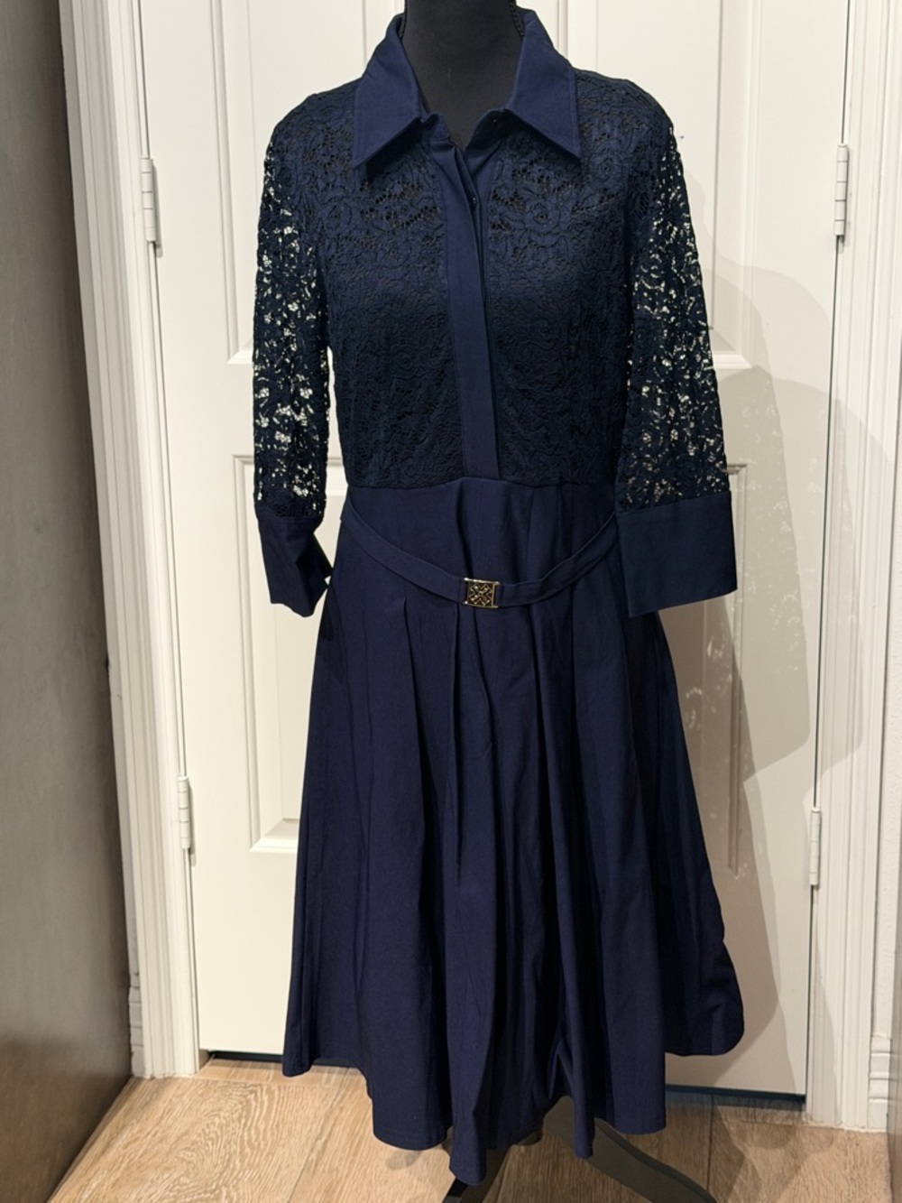 Elegant Navy Lace-Panel Midi Dress with Self Belt